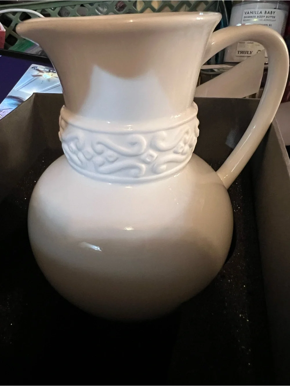 White Ceramic Pitcher with Embossed Band